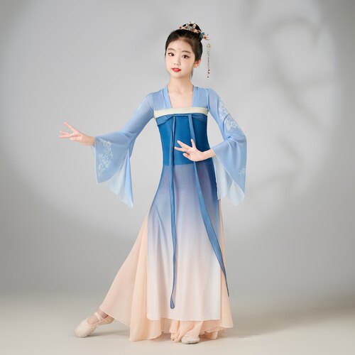 六一女童表演出服古典舞飘逸蓝色渐变练功服纱衣中国舞蹈大摆裙裤 - 图2