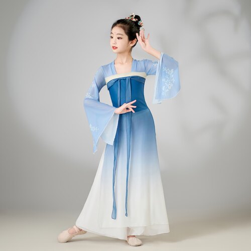 六一女童表演出服古典舞飘逸蓝色渐变练功服纱衣中国舞蹈大摆裙裤 - 图1