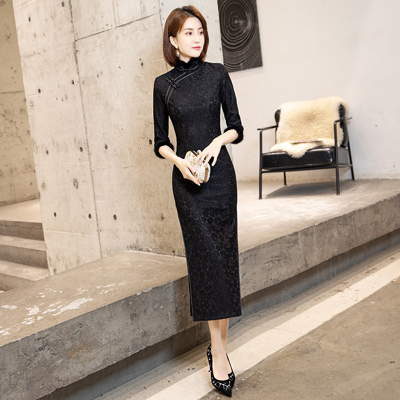 黑色2021年新款年轻款改良唐装旗袍 丹瑞诗旗袍