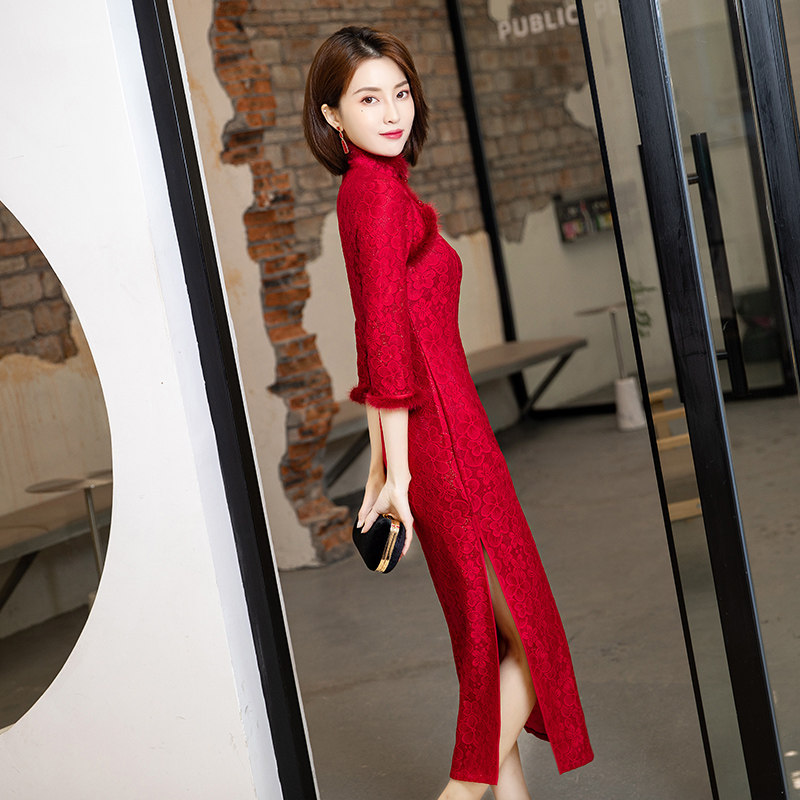 红色2022年新款唐装冬季喜庆裙旗袍 丹瑞诗旗袍