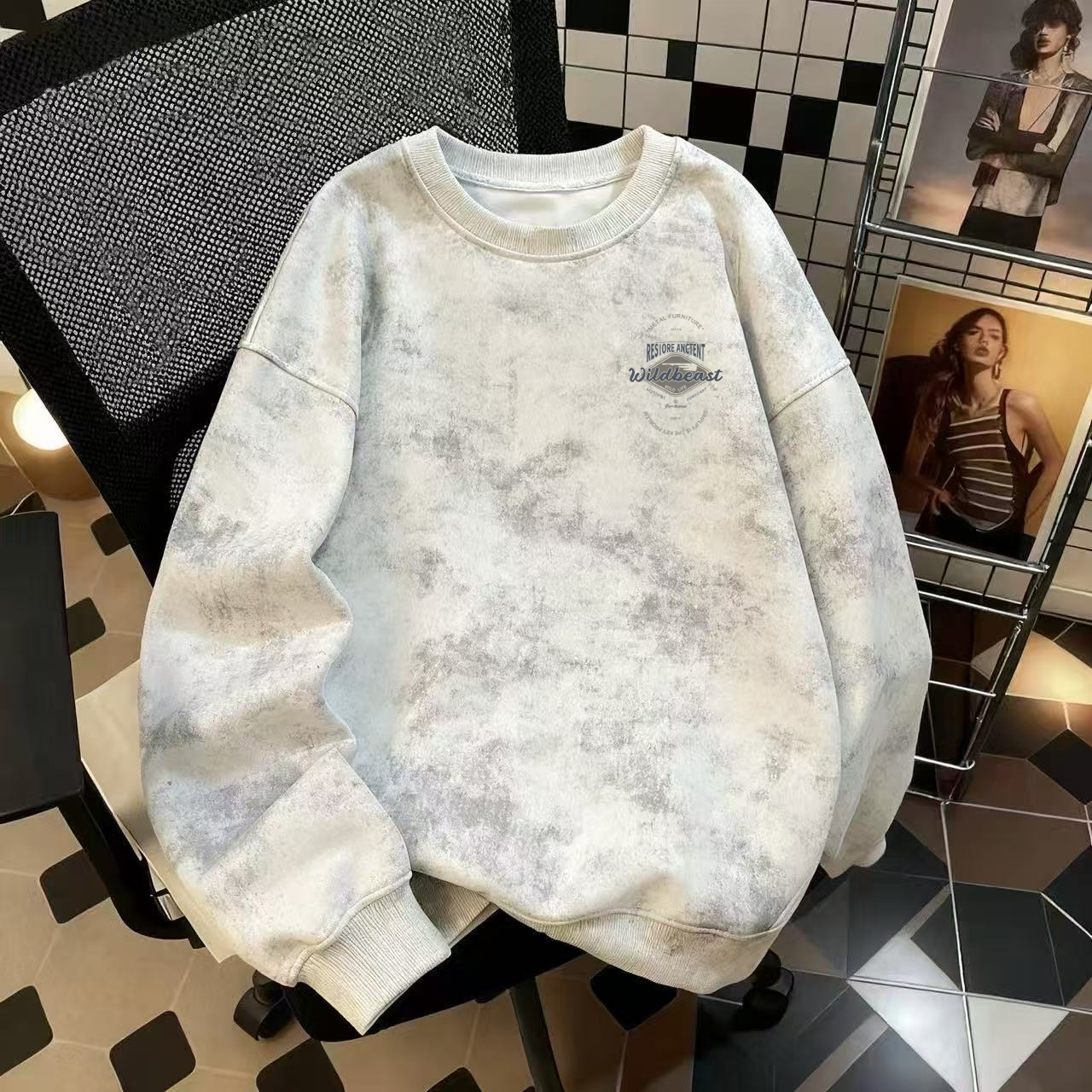 奥特莱斯~品牌外贸专柜捡漏小众扎染秋冬加绒加厚男女圆领卫衣潮 - 图0