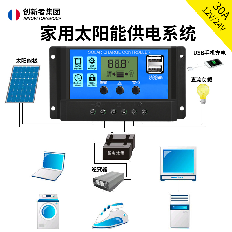 太阳能控制器全自动充放电通用型30A12v24路灯光伏发电控制器家用 - 图0