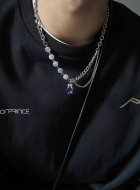 爆裂珠方糖情侣项链男女轻奢小众潮流钛钢毛衣链蓝色吊坠生日礼物