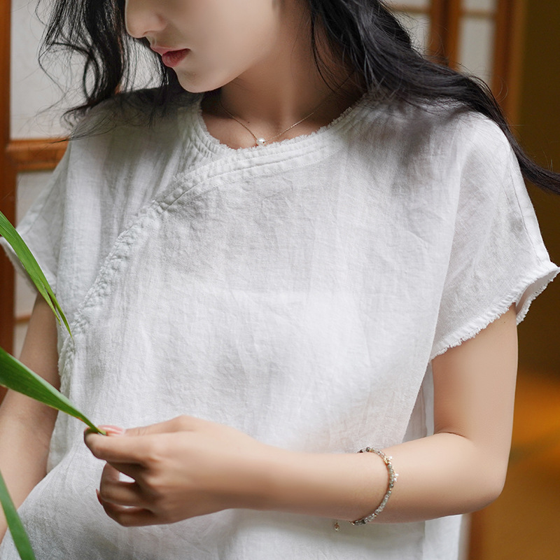 南风有信 纯色苎麻圆领短袖t恤上衣女宽松休闲白色亚麻小衫夏季新