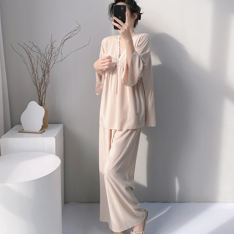 Women's spring and summer cotton and silk pajamas with padded sleeves
