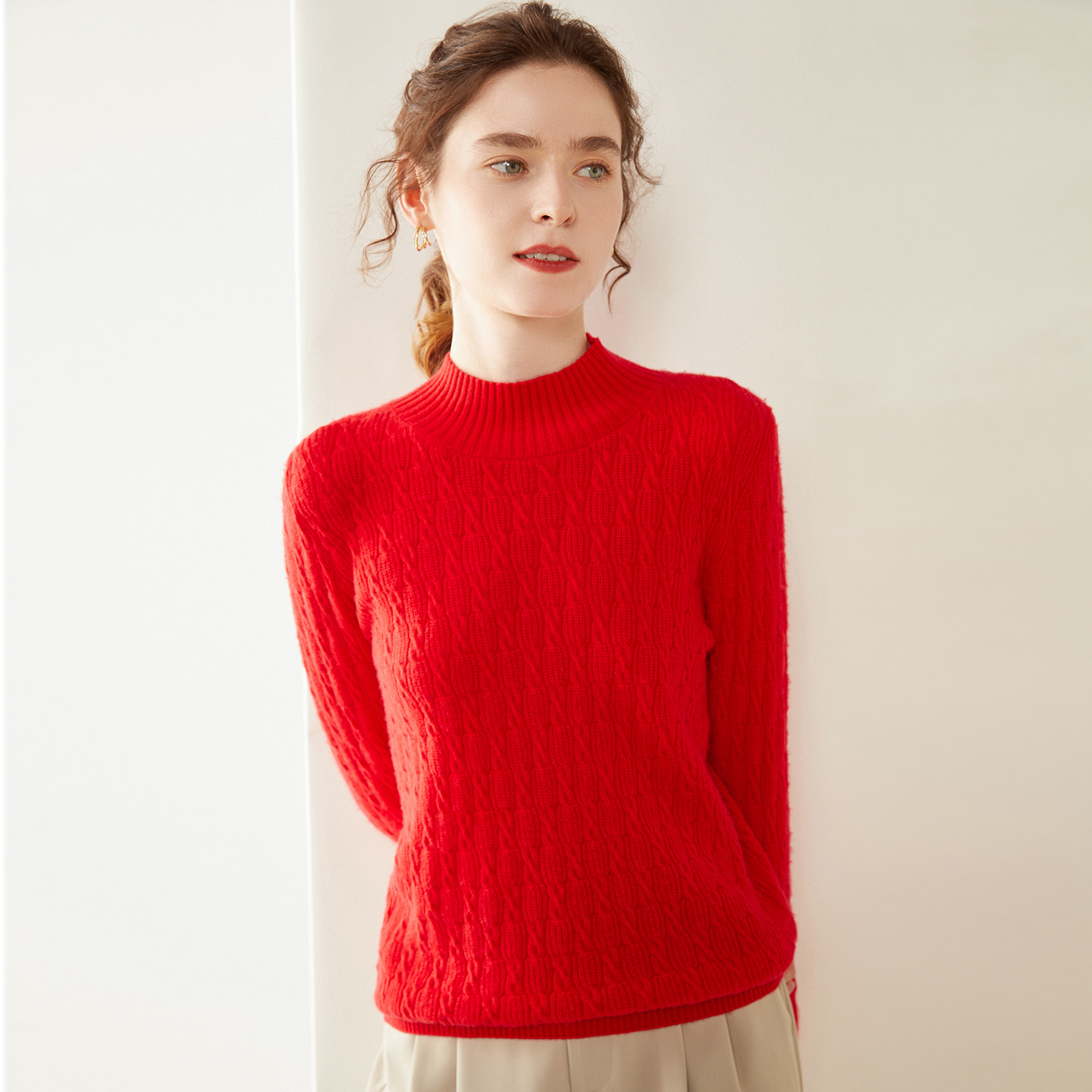 高级感山羊绒衫女半高领扭花套头加厚毛衣内搭纯色羊绒针织打底衫 - 图3