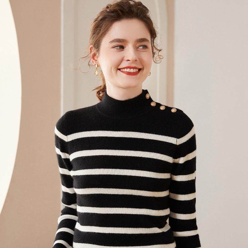 山羊绒衫女半高领条纹洋气短款修身毛衣百搭显瘦羊绒针织打底衫,淘宝优惠券,粉丝福利购,淘宝优惠卷