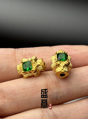 古法24K工艺黄金色镶嵌绿宝背云隔珠吊坠佛珠108文玩手串配饰