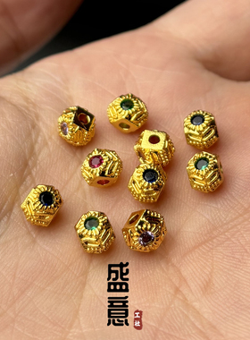 古法24K工艺黄金色彩钻菱形锤纹隔珠弟子珠文玩手串项链手链配饰