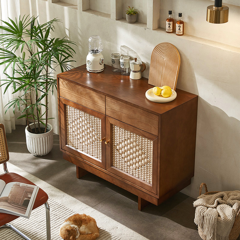 北欧实木餐边柜简约现代客厅茶水柜储物柜日式藤编玄关柜电视柜,淘宝优惠券,粉丝福利购,淘宝优惠卷