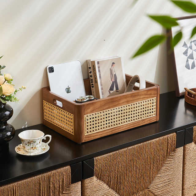Solid wood rattan storage basket large size office miscellaneous items