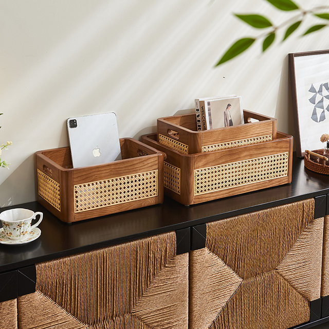 Solid wood rattan storage basket large size office miscellaneous items