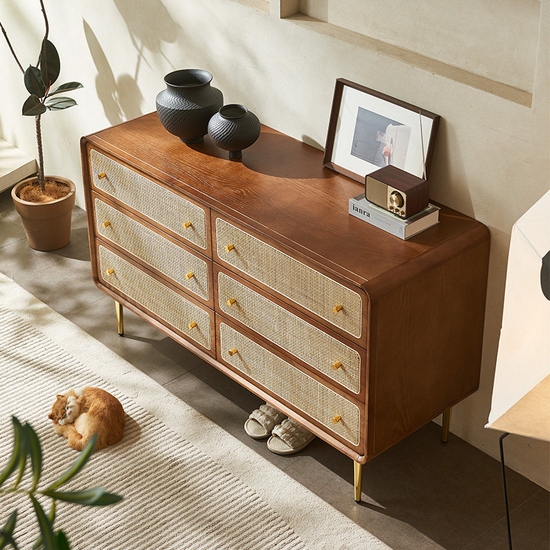 北欧实木藤编四五六斗柜中古侘寂风餐边柜抽屉收纳柜储物柜玄关柜,淘宝优惠券,粉丝福利购,淘宝优惠卷