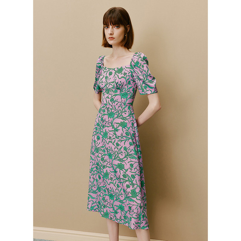 LK BENNETT紫色方领连衣裙女新款夏季收腰显瘦气质印花茶歇裙,淘宝优惠券,粉丝福利购,淘宝优惠卷