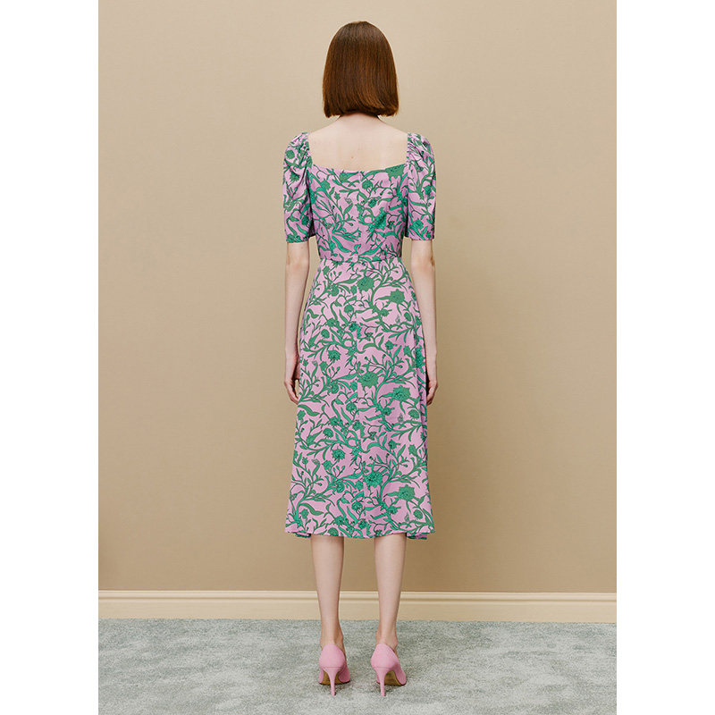 LK BENNETT紫色方领连衣裙女新款夏季收腰显瘦气质印花茶歇裙,淘宝优惠券,粉丝福利购,淘宝优惠卷