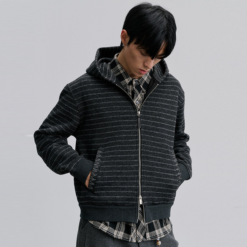 CATSSTAC gray striped wool plus velvet hooded cardigan sweatshirt for men, soft and skin-friendly, loose jacket