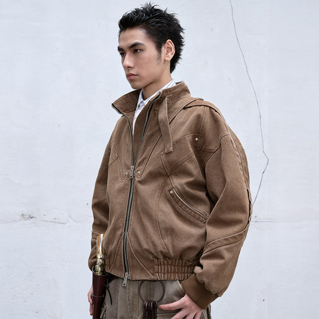 CATSSTAC flying piece deconstructed heavy bomber jacket men's cleanfit niche design double zipper jacket