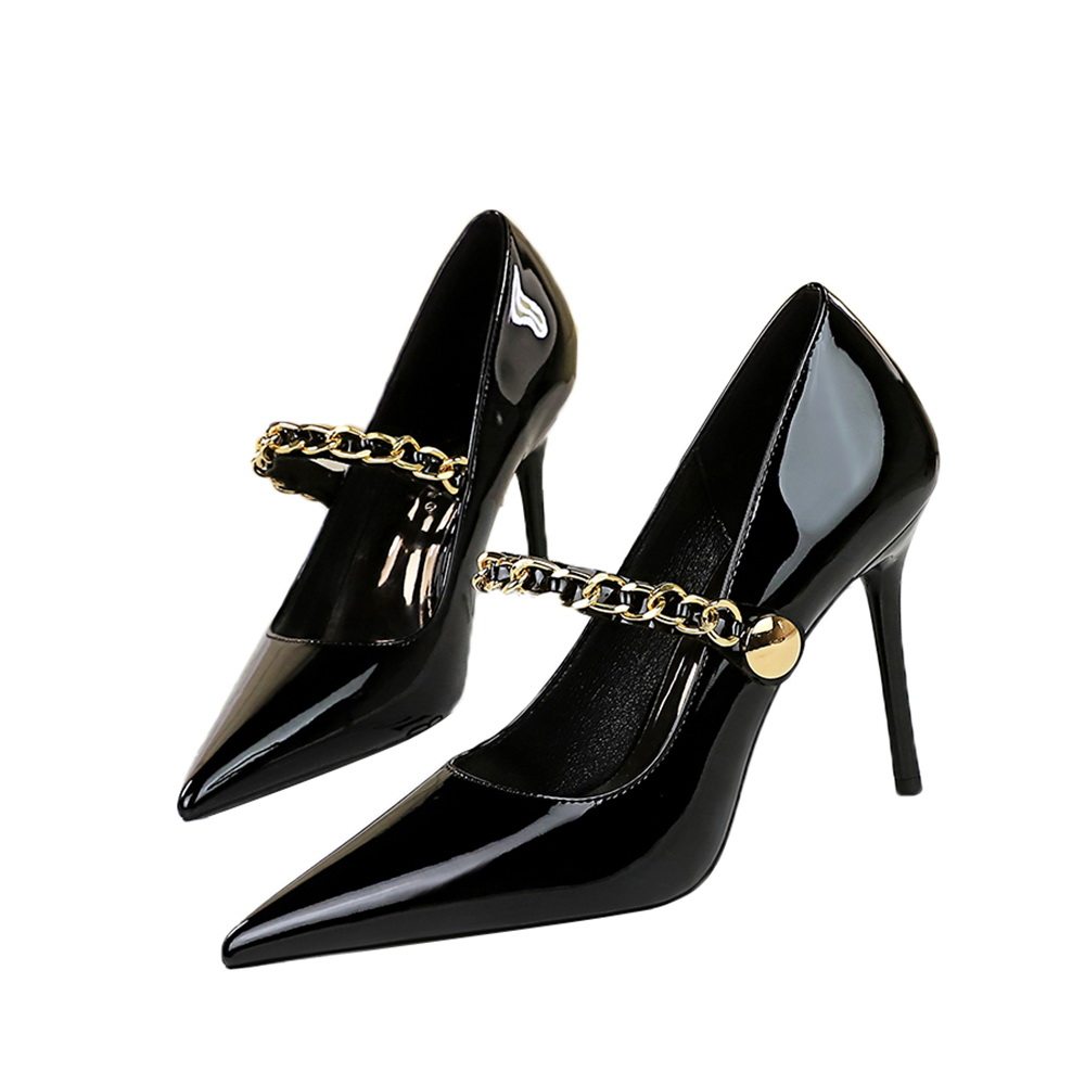 3265-3欧美风高跟鞋女鞋细跟高跟漆皮浅口尖头金属链子一字带单鞋,淘宝优惠券,粉丝福利购,淘宝优惠卷