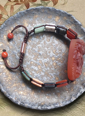 原创天然磨砂红玛瑙多宝五行佛菩萨手牌小众复古抽拉编绳手链男女