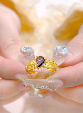 新款紫色锆石戒指女款镀金色麦穗