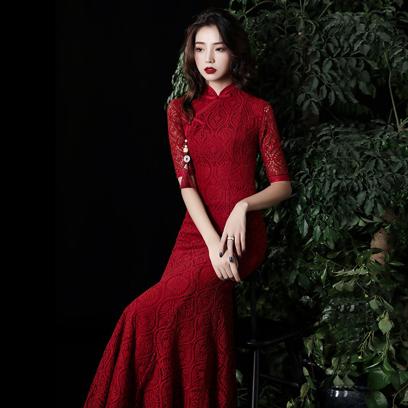 新娘酒红色秋季2020新款长款敬酒服 千蒂缇旗袍