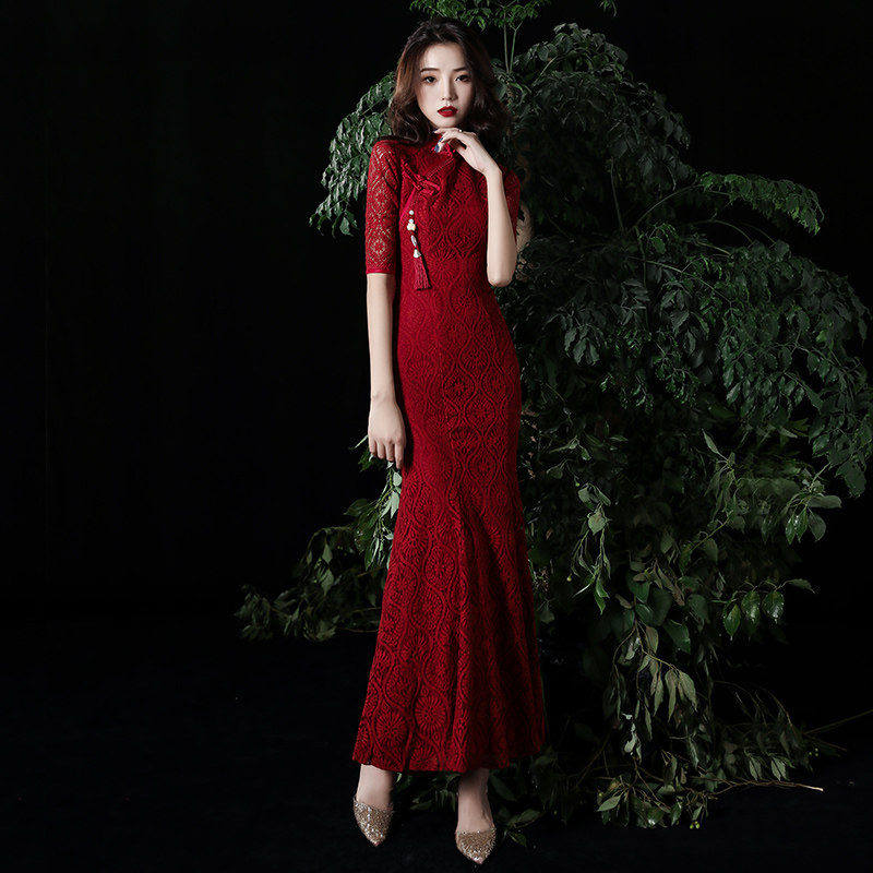 新娘酒红色秋季2020新款长款敬酒服 千蒂缇旗袍