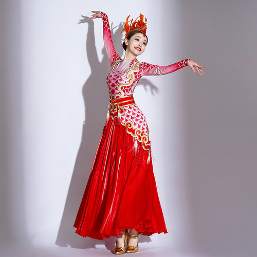 开场舞大摆裙演出服中国风打鼓服龙女歌伴舞长裙龙吟九州舞蹈服装 - 图2