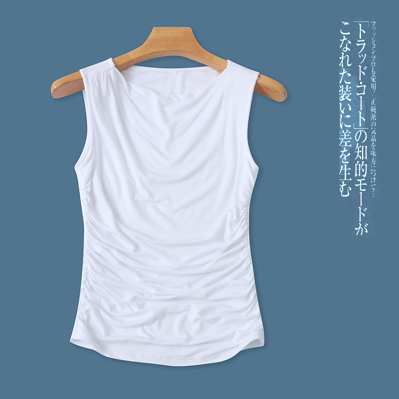 人棉无袖T恤  夏季新款外贸女装简约修身一字领套头褶皱拼接30446