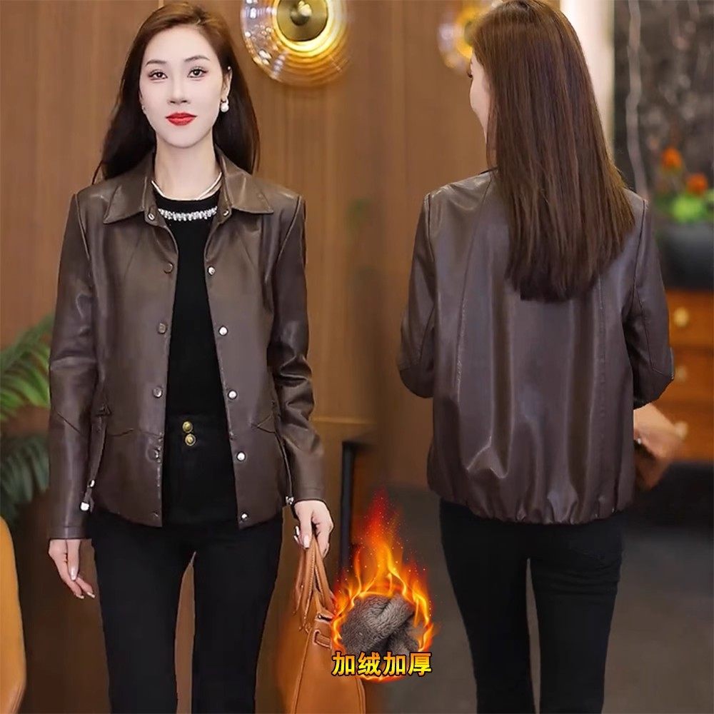 翻领皮衣外套女加绒加厚2025秋冬新款时尚气质保暖显瘦皮夹克上衣,淘宝优惠券,粉丝福利购,淘宝优惠卷