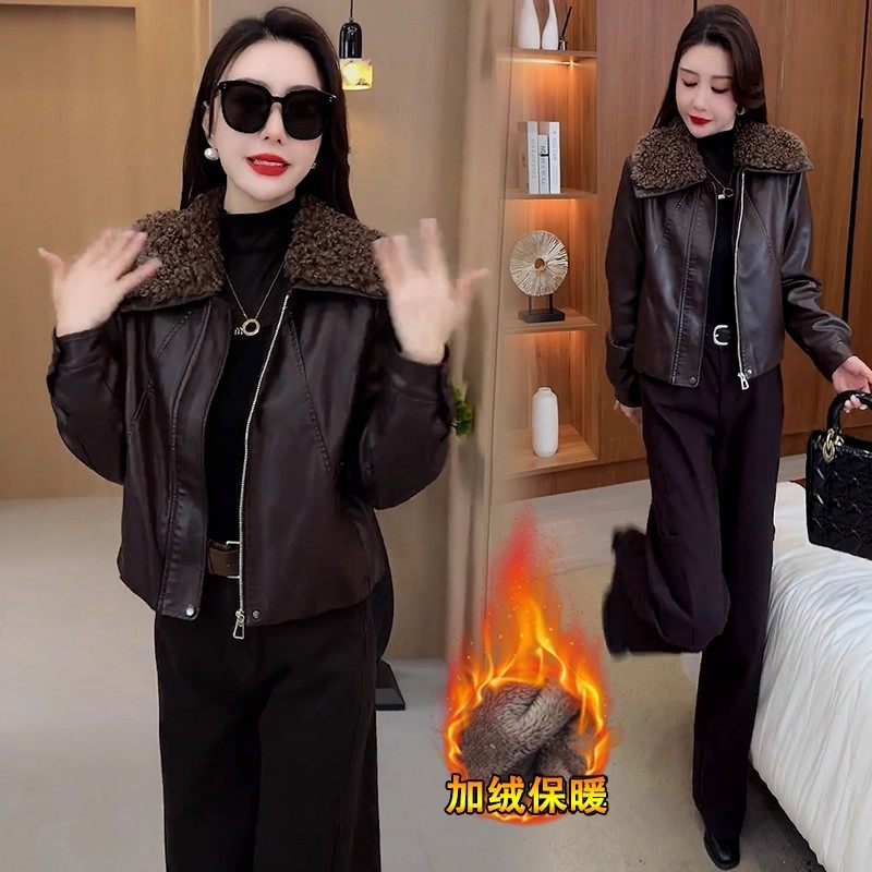 时尚气质加绒皮衣外套女士冬季2025新款小个子翻领短款保暖皮夹克,淘宝优惠券,粉丝福利购,淘宝优惠卷