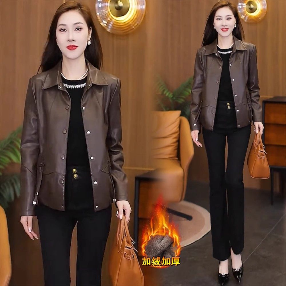 翻领皮衣外套女加绒加厚2025秋冬新款时尚气质保暖显瘦皮夹克上衣,淘宝优惠券,粉丝福利购,淘宝优惠卷