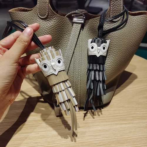 H家流苏挂件车载吊饰2025新款真皮手工缝制流苏猫头鹰包包挂件潮 - 图2