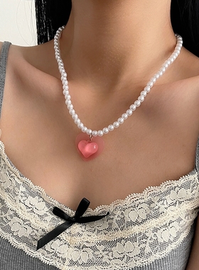 粉色爱心珍珠项链多巴胺饰品女