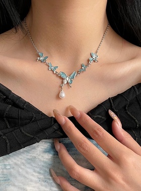 y2k辣妹蝴蝶珍珠吊坠小众项链女