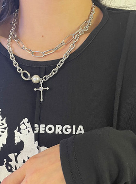 oukechun十字架双层女珍珠项链