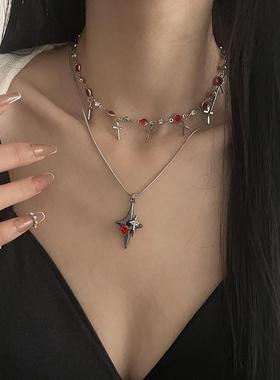 小众轻奢红色钻拼接十字架项链女