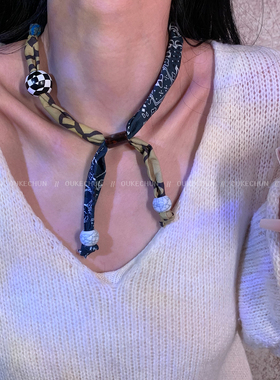 高级感抽拉丝巾布艺复古气质项链