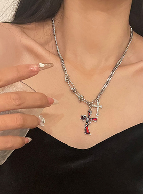 小众ins嘻哈红色双十字架项链女