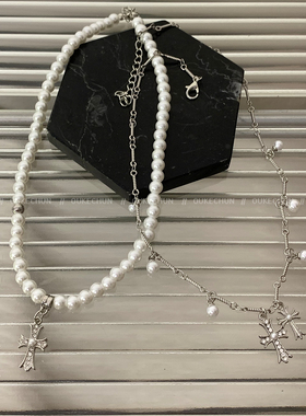 气质珍珠十字架双层项链甜酷配饰