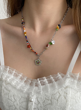 女星星笑脸项链彩色碎石ins嘻哈