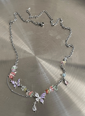 夏日超仙彩色碎石拼接蝴蝶项链