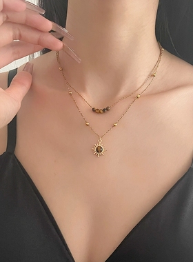 美拉德风棕色虎眼太阳花项链女