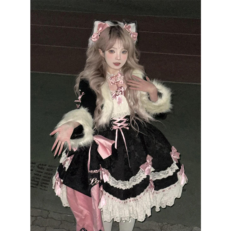 可爱甜美少女感毛绒绒lolita裙外套连衣裙洛丽塔冬季套装日常套装 - 图0