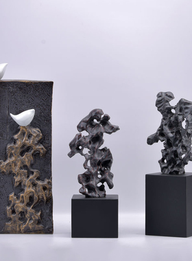 新中式风手工黑色书房茶楼太湖石