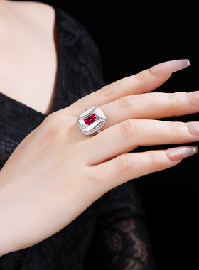 戒指女轻奢高级感S925纯银红宝