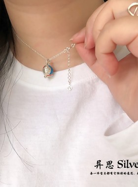 原创童趣设计S925纯银叮当猫蓝胖子滴釉锁骨链 哆啦a梦机器猫项链
