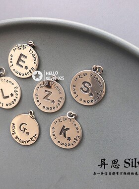 韩国东大门S925纯银圆牌英文字母项链吊坠 复古做旧个性港风银饰