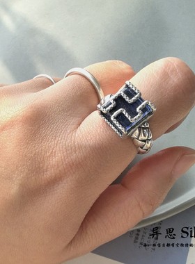 韩国定制 S925纯银菱格纹方块食指开口戒指 大气重工 设计感 6.6g