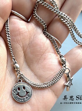 韩国 S925通体纯银笑脸五角星链条项链 复古锁骨链 百搭个性 小众