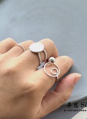 韩国 S925通体纯银smile字母圆牌开口戒指 时尚小众 亮银百搭